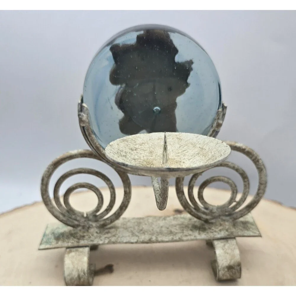 Angel Candle Holder Cherub Round Hand Blown Glass Metal Frame Christmas Vintage